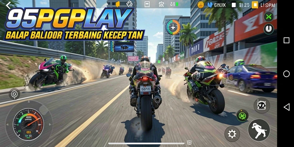 Screenshot gameplay 95PGPLAY menampilkan aksi balap motor yang mendebarkan.