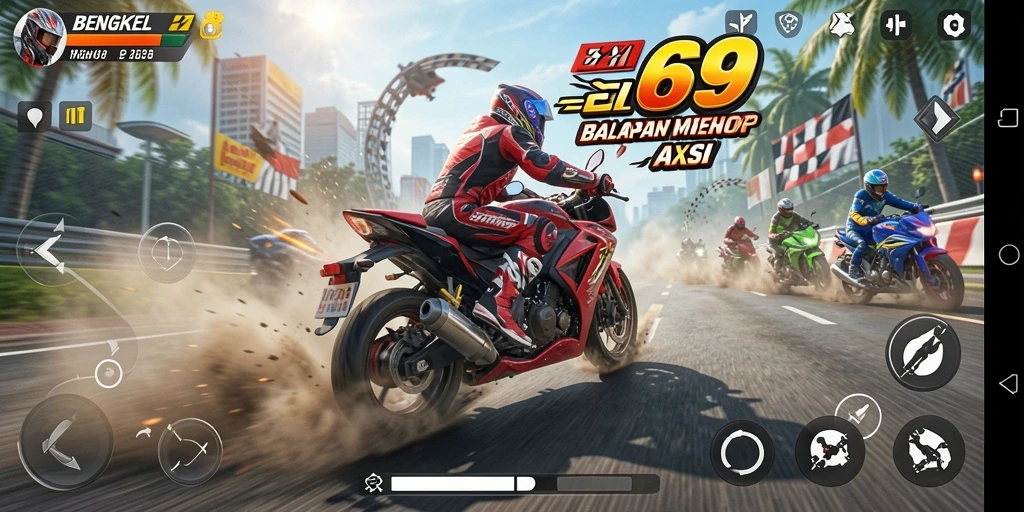 Tangkapan layar dari gameplay seru BENGKEL69 yang menunjukkan balapan motor di trek.