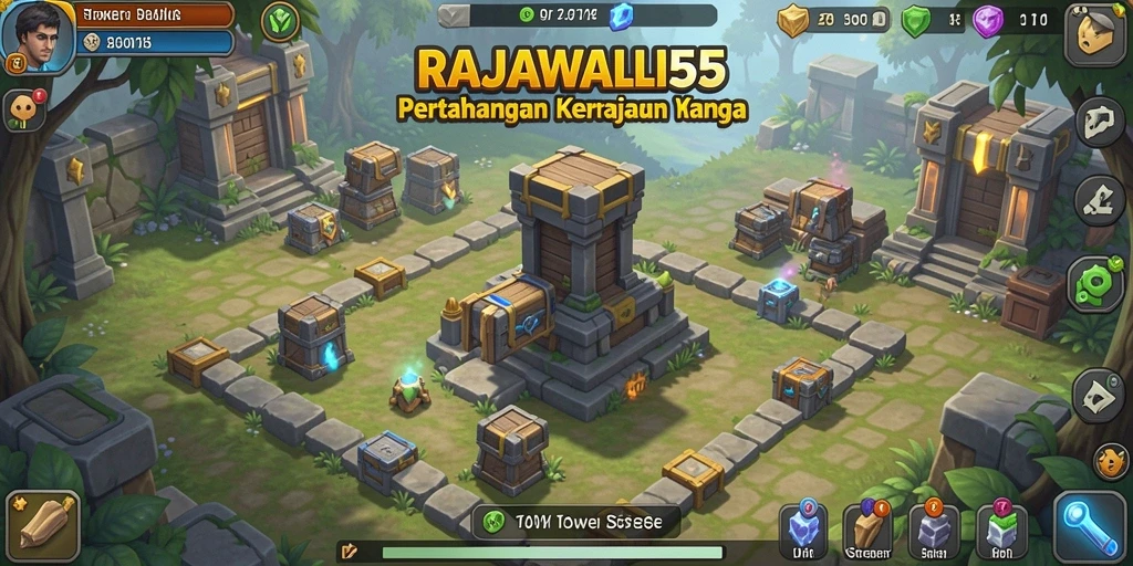 Screenshot gameplay RAJAWALI55 dengan menara pertahanan yang aktif.