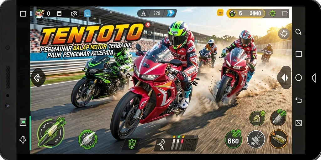 Gameplay seru di TENTOTO dengan balapan motor cepat.